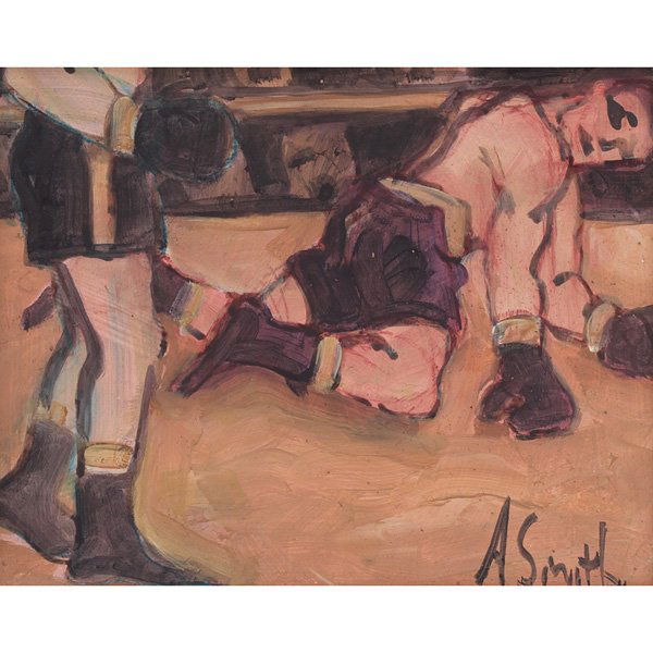 Arthur Smith "Boxers," c. 1950, oil on masonite: Arthur Smith (American, d. 1972) "Boxers," c. 1950, oil on masonite, 8" x 9.75", signed lower right, framed