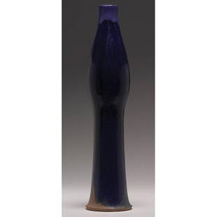 Good William Wyman vase, blue matt glaze: Good William Wyman vase, large unusual shape covered in a multi-toned blue matt glaze, signed, dated 1958, 4"w x 17.5"h