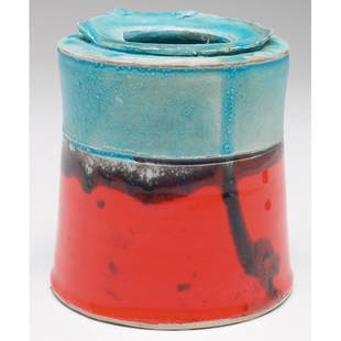William Wyman vase, turquoise and red glazes: William Wyman vase, unusual shape covered in turquoise and red glazes, signed, 1969, 4"w x 4.5"h