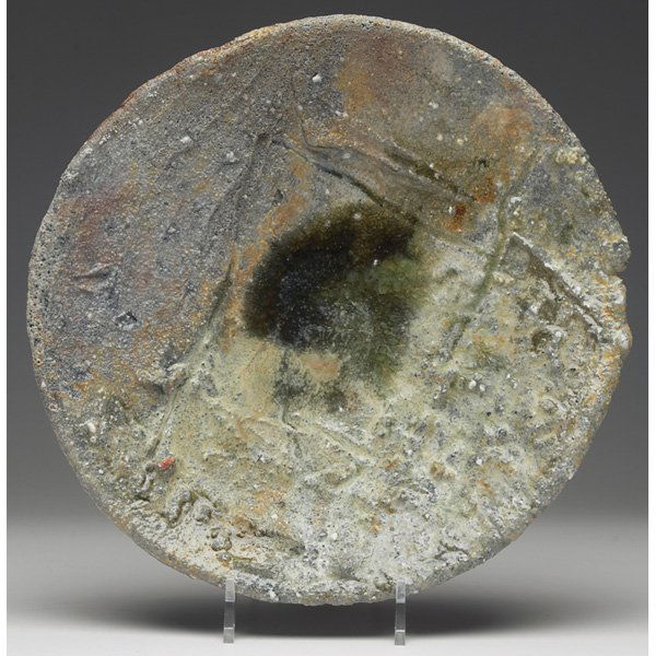 Peter Voulkos bowl, free-form design: Peter Voulkos bowl, free-form design covered in a textured gray and brown glaze and green crystalline accent to center, signed, 9"w x 2"h