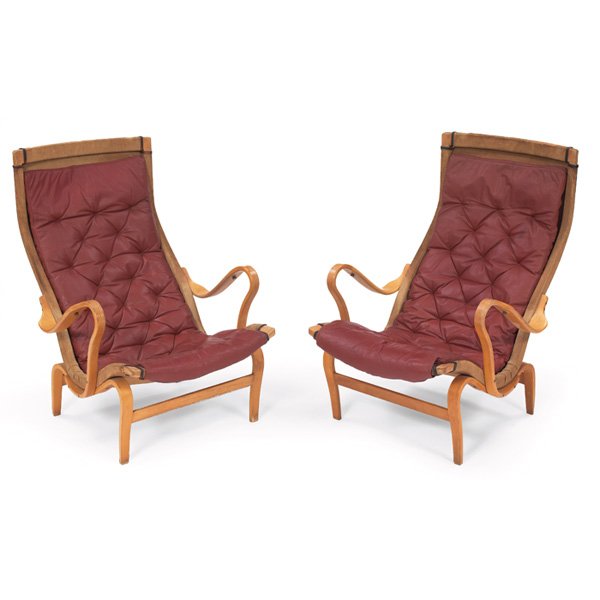 Bruno Mathsson lounge chairs, pair: Bruno Mathsson lounge chairs, pair, by Dux, beech frames with canvas sling seats and original removable rust-colored leather seat cushions, burned mark "Bruno Mathsson by Dux", 28.75"w x 35"d x 38.5"h