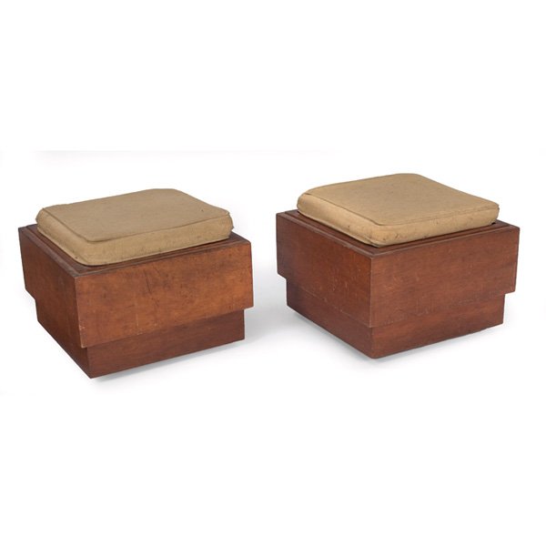 Style of Frank Lloyd Wright stools, pair, mahogany: Style of Frank Lloyd Wright stools, pair, mahogany veneer over plywood, square forms with removable seat cushions, on castors, unsigned, original finish, 19.5"w x 16"h, some wear, good condition
