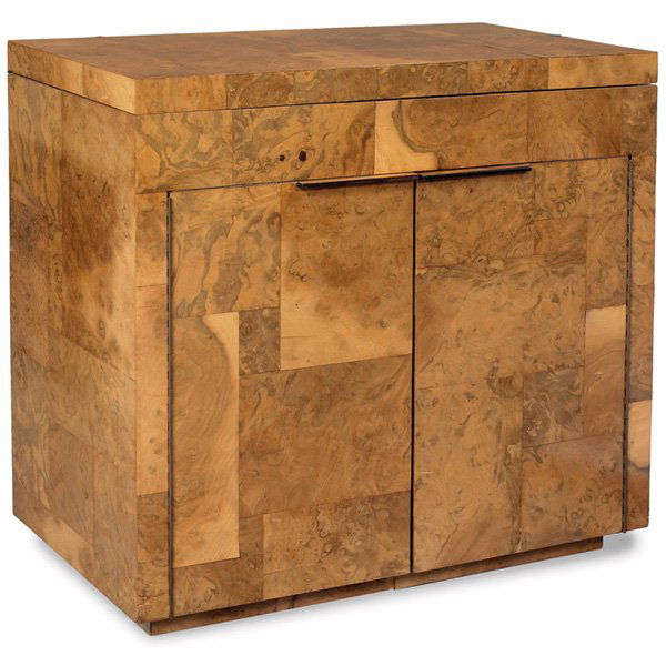 Paul Evans bar cart, olive burl veneer: Paul Evans bar cart, olive burl veneer, lift-top over two doors, two interior shelves, back is finished, on castors, 36"w x 18"d x 35"h, water stain to top, otherwise very good original condition