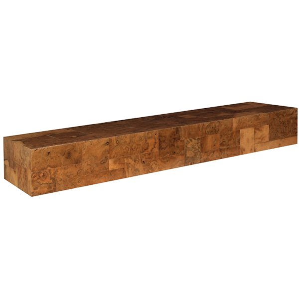 Paul Evans wall console, olive burl veneer: Paul Evans wall console, olive burl veneer, signed with metal tag, original finish, includes bar for hanging, 60"w x 16"d x 8"h, very good original condition