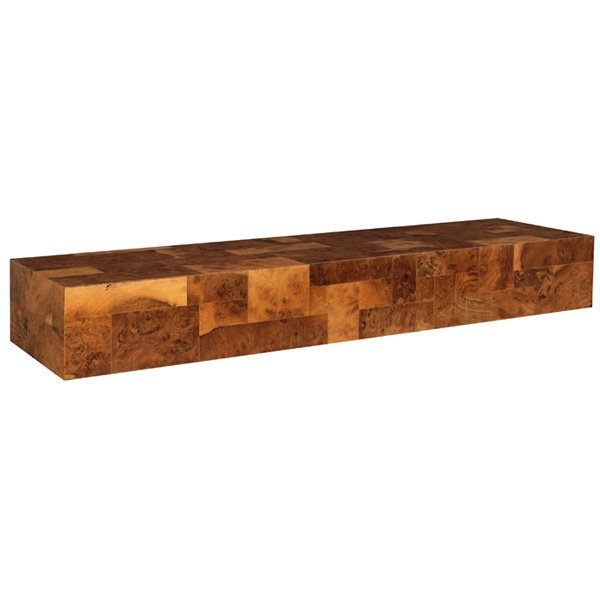 Paul Evans wall console, olive burl veneer: Paul Evans wall console, olive burl veneer, signed with metal tag, original finish, includes bar for hanging, 60"w x 16"d x 8"h, very good original condition