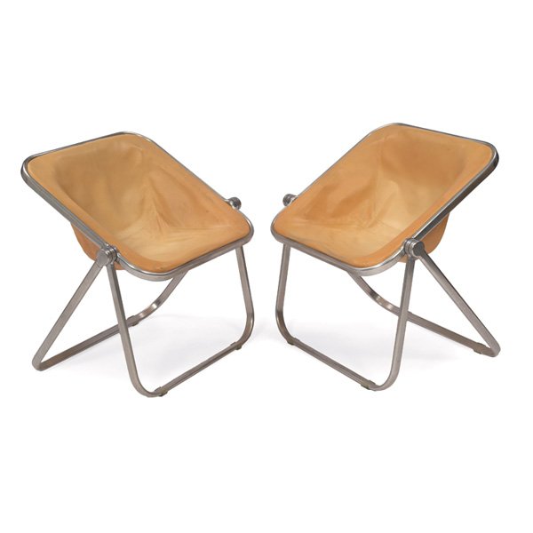 Giancarlo Piretti "Plona" chairs, pair, Castelli: Giancarlo Piretti "Plona" chairs, pair, by Castelli, Italy, original light tan leather seats on folding aluminum frames, signed "Plona Divisione Sedie Castelli Italy," 27"w x 22"d x 28.5"h, very good 