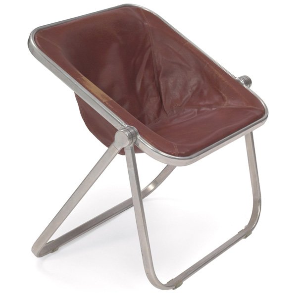 Giancarlo Piretti "Plona" chair Castelli, Italy: Giancarlo Piretti "Plona" chair, by Castelli, Italy, original brown leather seat on a folding aluminum frame, signed "Plona Divisione Sedie Castelli Italy," 27"w x 22"d x 28.5"h, one foot missing, ver