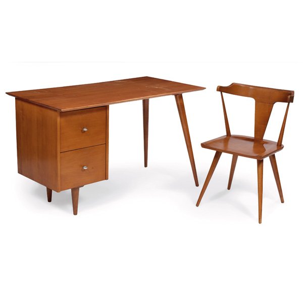 Paul McCobb Planner Group desk and chair: Paul McCobb Planner Group desk and chair, by Winchendon, maple, rectangular top over tapered legs, two drawers, original aluminum ring pulls, 48"w x 24"d x 29"h, chair: 20"w x 18"d x 30"h, original fi