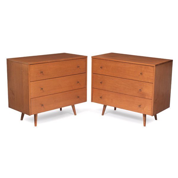 Paul McCobb Planner Group cabinets, pair: Paul McCobb Planner Group cabinets, pair, by Winchendon, maple, each with three drawers with original brass pulls, tapered dowel legs, signed with foil label, original finish, 36"w x 18"d x 31"h, very