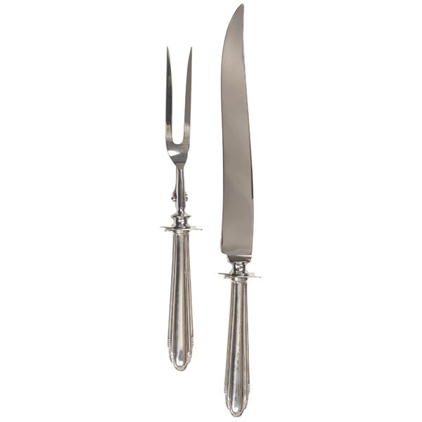 Eliel Saarinen "Contempora" carving set, sterling: Eliel Saarinen "Contempora" carving set, sterling, by Dominick & Haff, knife and fork, fork with folding support, each with stamped mark "Sterling handle", knife: 15"l, excellent condition
