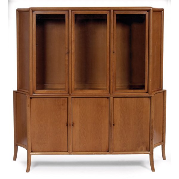 T.H. Robsjohn-Gibbings china cabinet, china cabin: T.H. Robsjohn-Gibbings china cabinet, china cabinet, by Widdicomb, walnut, large form with rounded trim and curved sides, upper cabinet with three glass doors, lower cabinet with three doors which eac