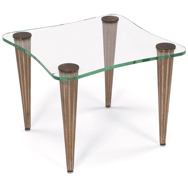 Gilbert Rohde occasional table, by Herman Miller: Gilbert Rohde occasional table, by Herman Miller, grooved wood legs with original pickled finish, original biomorphic glass top, brass caps connect legs to glass, 21.5"w x 22"d x 16.5"h, chips to glas