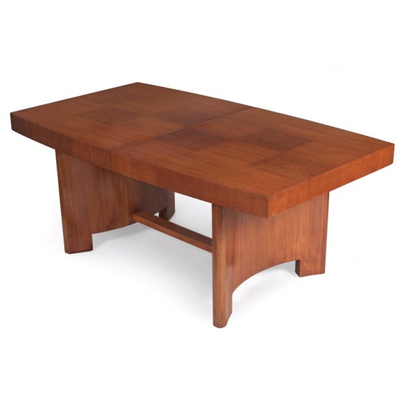 Gilbert Rohde Formal Dining table Herman Miller: Gilbert Rohde Formal Dining Group table, by Herman Miller, c. 1940, rectangular top with checkerboard veneer pattern of Maidou burl and mahogany over two curved plinth bases, 4" apron, includes two 24