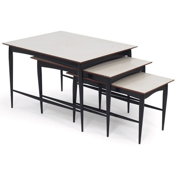 1950s nesting tables, style of McCobb, three: 1950s nesting tables, style of McCobb, three, rectangular tops with white laminate surface, ebonized legs with tapered cross-stretchers, unsigned, large: 32.5"w x 25.5"d x 21.25"h, very good condition
