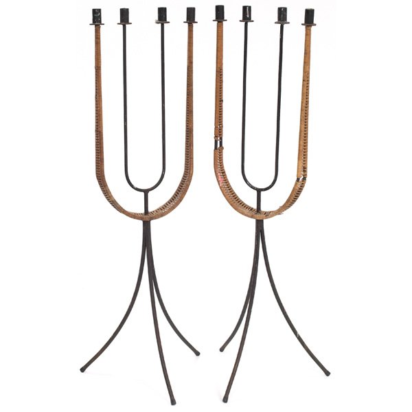 1950s candleholders, possibly Raymor: 1950s candleholders, possibly Raymor, wrought-iron bases with rattan trim, U-shaped forms on three flared legs, unsigned, 17"w x 48"h, good condition
