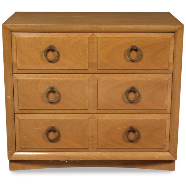 T.H. Robsjohn-Gibbings cabinet, by Widdicomb: T.H. Robsjohn-Gibbings cabinet, by Widdicomb, mahogany, three drawers with original brass ring pulls, on castors, original finish, 36"w x 20.5"d x 33"h, very good original condition