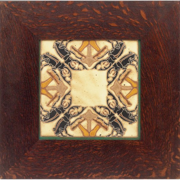 Common Ground tile, mushrooms and beetles signed b: Common Ground tile, contemporary, mushrooms and beetles, handmade and signed by Eric Olsen, impressed mark, held in an Arts & Crafts style frame, tile: 8"sq, overall: 14"sq; with a Motawi Tileworks ti