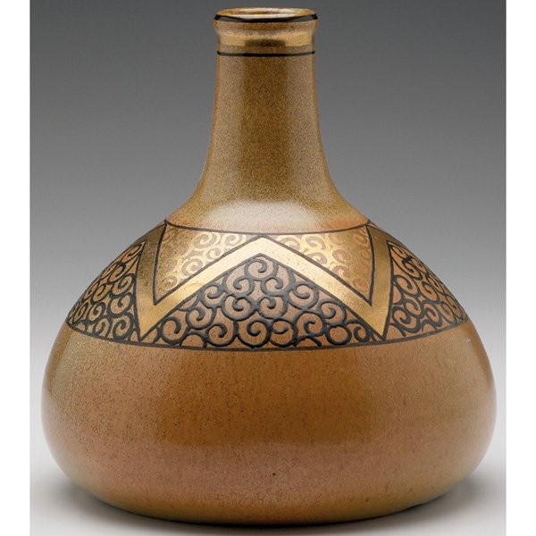 Lucien Levy Dhurmer vase, bulbous form with narrow: Lucien Levy Dhurmer vase, bulbous form with narrow neck, geometric black and gold design on a mottled brown background, marked, 7"w x 9"h