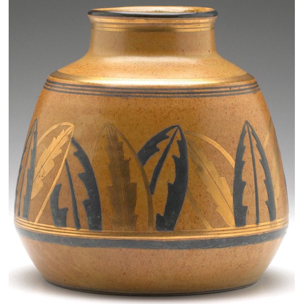 Lucien Levy Dhurmer vase, bulbous form: Lucien Levy Dhurmer vase, bulbous form, decorated with vertical black and brown leaves and covered in a tan mottled glaze, marked, 8"w x 8"h