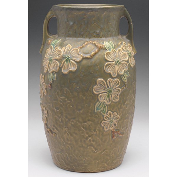 495 Roseville Dogwood vase, large double handled shape
