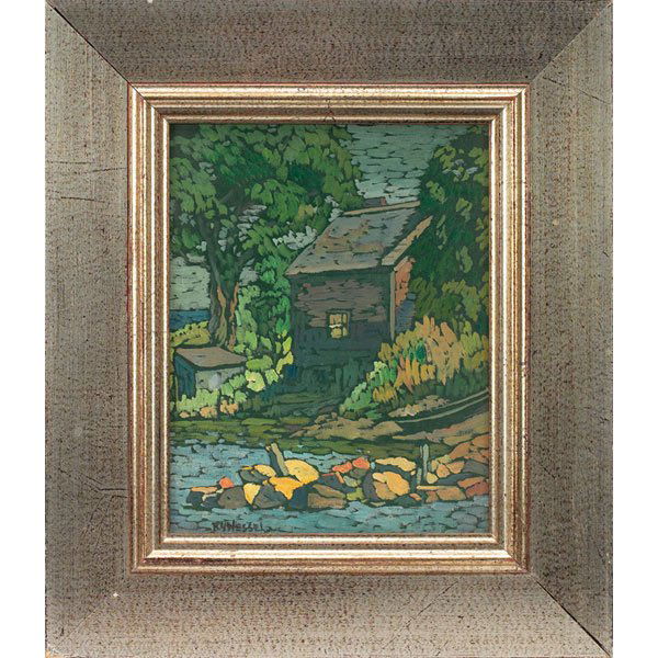 Bessie Hoover Wessel, "House By Water," oil: Bessie Hoover Wessel (American, 1889-1973), "House By Water," oil on board, 9.5" x 7.5", signed, framed