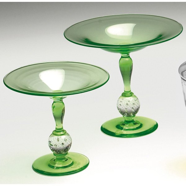 Pairpoint compote, w/ Pairpoint compote: Pairpoint compote, attribution, green glass with bubble knob at base, 6"w x 6.5"h; with a Pairpoint compote, attribution, green glass with bubble knob at base, 8"w x 7.25"h