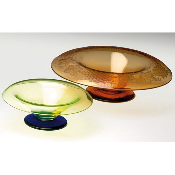 Pairpoint compote,w/Pairpoint compote: Pairpoint compote, flaring form in green glass with blue foot, 7.5"w x 2.75"h; with a Pairpoint compote, flaring form in topaz glass with cut design of grapevines, 11"w x 3.5"h