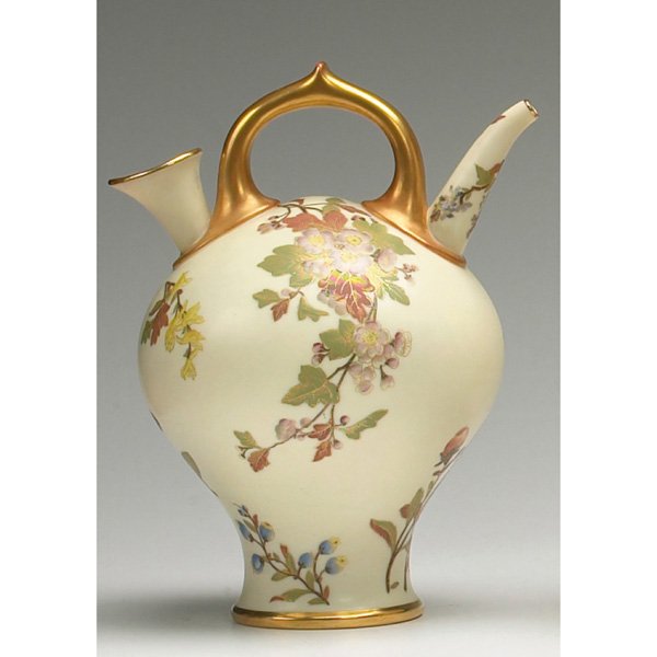 Royal Worcester handled vessel, wild flowers and : Royal Worcester handled vessel, bulbous form with two spouts, enameled wild flowers and gold highlights, marked, 6"w x 9.5"h