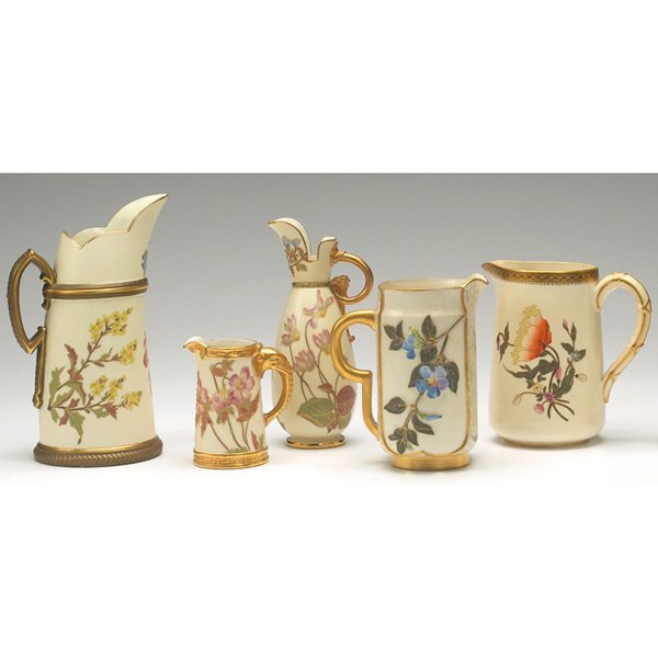 Royal Worcester handled vessels, lot of five: Royal Worcester handled vessel, elongated spout, 7.5"h; with a Royal Worcester handled vessel, figural elephant handle in gold, marked, 3.5"h; with a Royal Worcester ewer, marked, 7"h; with a Royal Wo