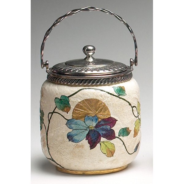 Thomas Furnival biscuit jar, painted vines of flo: Thomas Furnival biscuit jar, painted vines of flowers and leaves against a white background of embossed leaves, marked, 5.5"w x 6"h