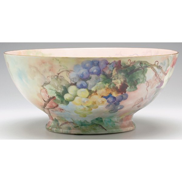 Limoges punch bowl, painted purple and green grap: Limoges punch bowl, painted purple and green grapes against a pink background, artist signed and dated 1897, marked J.P./Limoges, 15"w x 7"h