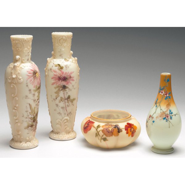 Wave Crest C.F. Monroe vases, pair,w/Wave Crest v: Wave Crest C.F. Monroe vases, pair, bottle form with hand painted pink and white flowers on ivory satin glass with molded swirls, 9.5"h; with a Wave Crest vase, melon shape in ivory satin glass with e
