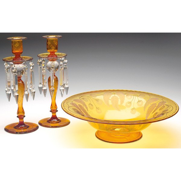 Pairpoint candlesticks, pair, w/Pairpoint console: Pairpoint candlesticks, pair, corset form in etched amber glass with round clear ball with internal bubbles below the stage and enhanced with clear cut glass prisms, 12"h; with a Pairpoint console bow