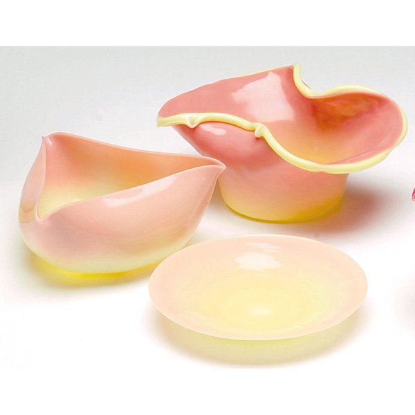 Pairpoint Burmese vase and dish: Pairpoint Burmese vase, crimped form with diamond quilt design, 6.5"w x 3"h; with a bowl, three-sided form, 5"w x 2.5"h; with a dish, 5"dia, all in rose and custard glass