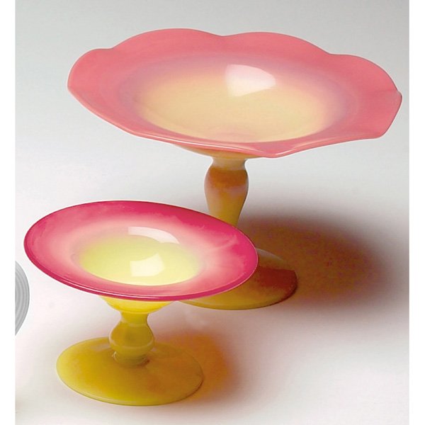 Pairpoint Burmese compotes, two: Pairpoint Burmese compote, small form, 4.5"w x 3.5"h; with a Pairpoint Burmese compote, ruffled form, 6.75"w x 4.5"h, both in rose and custard glass