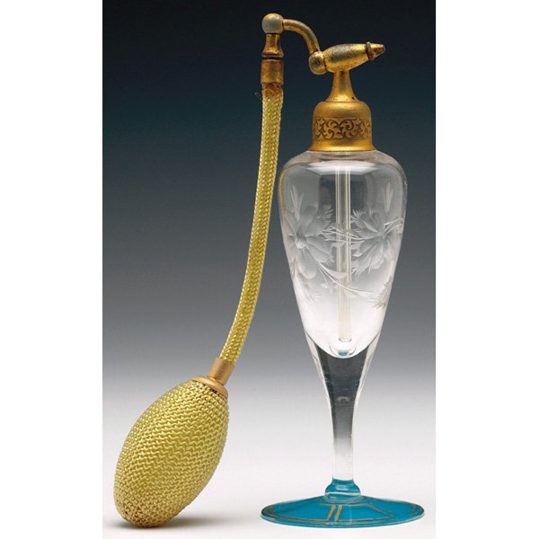 Art Glass perfume atomizer, tapered form: Art Glass perfume atomizer, tapered form in clear glass with etched leaves and a blue base with gold highlights, 6.5"h