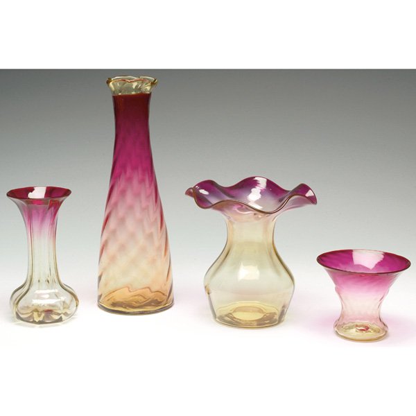 Pairpoint Amberina vase,w/ Amberina vase, w/Amber: Pairpoint Amberina vase, 6"h; with an Amberina vase, 11"h; with an Amberina vase, 6"h; with a Pairpoint Amberina vase, original label, 3.5"h, all in maroon to amber glass