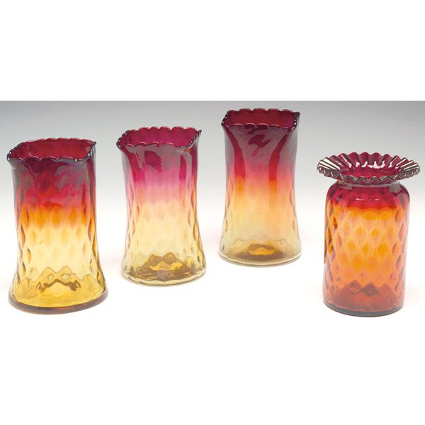 Mt. Washington Amberina vases, three, w/Mt. Washi: Mt. Washington Amberina vases, three, cylindrical form with square neck, diamond pattern, 3.5"w x 6.25"h; with a Mt. Washington Amberina vase, cylindrical form with ruffled rim, diamond pattern, 6.75"