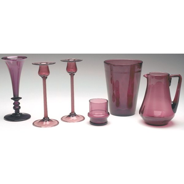 Boston and Sandwich vase, w/Pairpoint candlestick: Boston and Sandwich vase, flaring and footed form in amethyst glass, 9"h; with Pairpoint candlesticks, pair, amethyst glass with a spiral stem, unmarked, 3.5"w x 8.5"h, one with a stress fracture at t