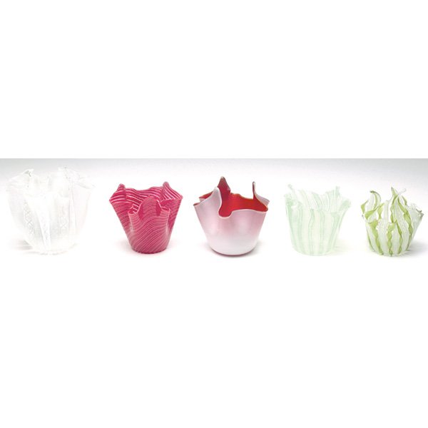 Venini handkerchief vases, lot of five: Venini handkerchief vase, clear glass with vertical white ribbons and spirals, signed, 3"h; with a Murano handkerchief vase, clear glass with vertical diagonal red and pink lines, 3.75"h; with a Muran