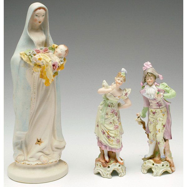 Bisque figurine, Madonna and child w/Bisque figur: Bisque figurine, Madonna and child with garland of red and blue roses, unmarked, 11.75"h; with Bisque figurines, pair, man and woman in green and lavender costumes, stamped #8199, largest: 7.5"h