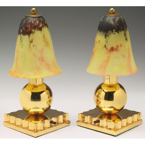 Daum table lamps, pair, c. 1920, gray glass shade: Daum table lamps, pair, c. 1920, gray glass shades internally mottled in shades of purple to yellow to orange, supported by brass bases, shades signed "Daum Nancy France," 11.25"h