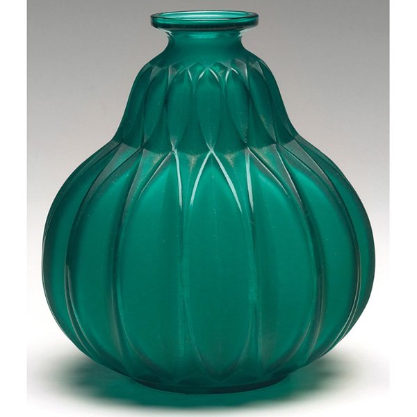 Sabino vase, bulbous form in green glass: Sabino vase, bulbous form in green glass with vertical ribbing, marked, 5.5"h