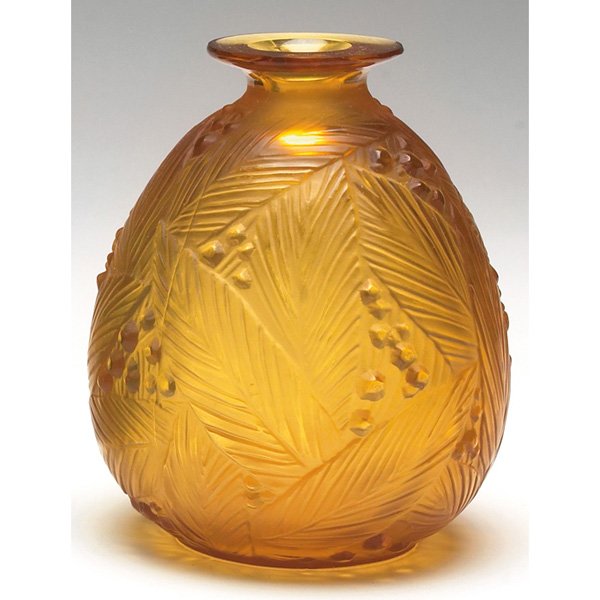 Sabino vase, ovoid form in amber glass: Sabino vase, ovoid form in amber glass with molded leaves and berries, marked, 4"h