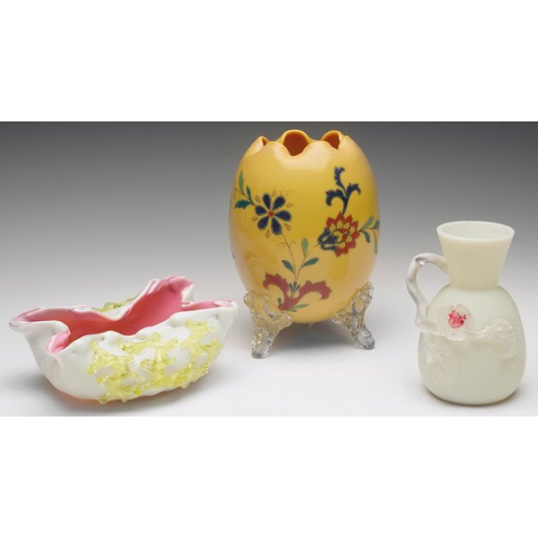 Stevens & Williams vase, w/ Art Glass vase, ovoid: Stevens & Williams vase, attribution, ribbed cased white overlay with folded rim, applied yellow glass tendrils and pink interior, 6"l x 4"w x 2.5"h; with an Art Glass vase, ovoid form with pinched ri
