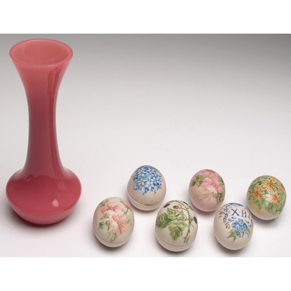 Sevres vase, w/French porcelain eggs, lot of six: Sevres vase, tapered form with bulbous bottom in opaque rose glass, signed, 8"h; with French porcelain eggs, lot of six, hand painted floral decorations, artist signed and dated, 2"l
