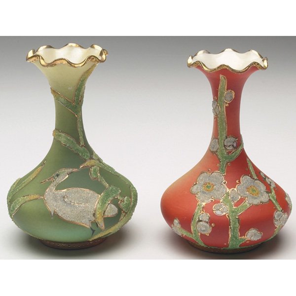 Nippon Coralene vase, stork design w/Early Nippon: Early Nippon Coralene vase, stork design against green background, 4"h; with an Early Nippon Coralene vase, apple blossom design against an orange background, 4"h, both with stamped mark