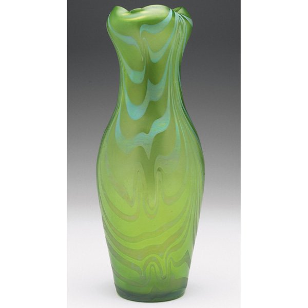 Loetz vase, attribution, green glass: Loetz vase, attribution, green glass with a pulled design in iridescent colors, signed, 4"dia. x 10.5"h