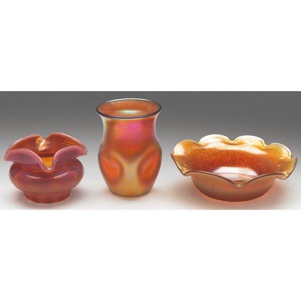 Art Glass bowl, miniature form w/Art Glass vase, : Art Glass bowl, miniature form with ruffled rim in gold glass, overall iridescence, unsigned, 3.25"w; with an Art Glass vase, miniature form with squared rim in pink and gold glass, signed LCT, 2"w; w