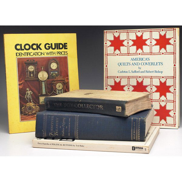 Reference books, lot of five: Reference books, lot of five, The Toy Collector, by Louis H. Hertz; Furniture Treasury, by Wallace Nutting; Clock Guide, Identification With Prices, by Robert Miller; Encyclopedia of Political Buttons